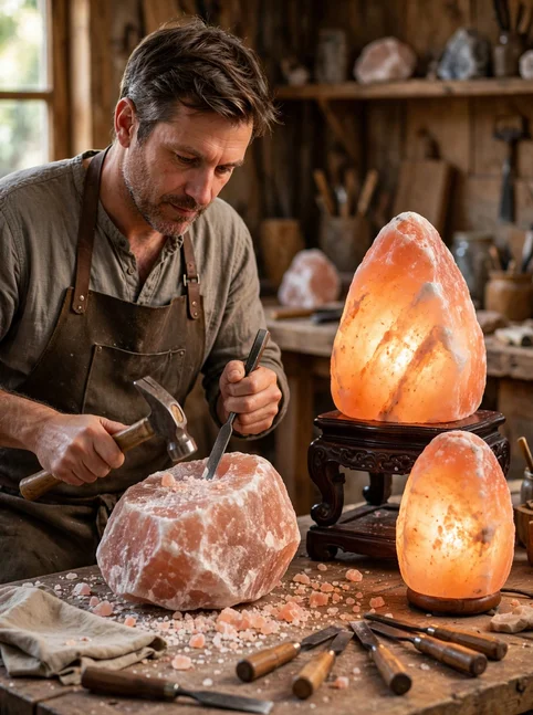 Hand-carved salt lamp manufacturer master craftsman face visible artisan carving raw boulder hammer chisel unique organic contours retail brand advantage