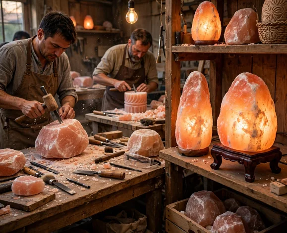 Hand-carved salt lamp manufacturer superior retail brands artisan chisels unique organic contours bespoke aesthetic master craftsmen geometric designs