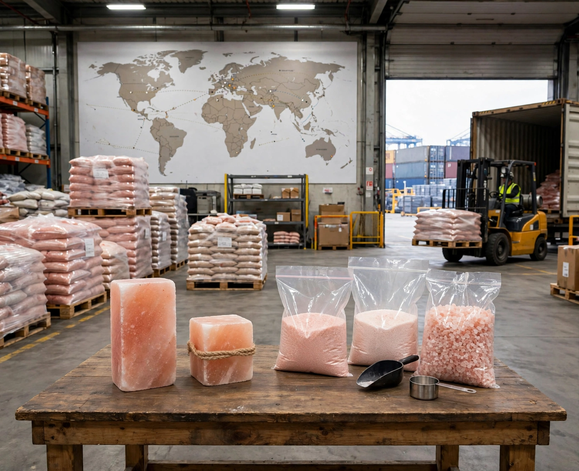 Wholesale pink salt fine and coarse supplier warehouse - global export supply chain, bulk Himalayan salt blocks, pallets, international shipping with world map
