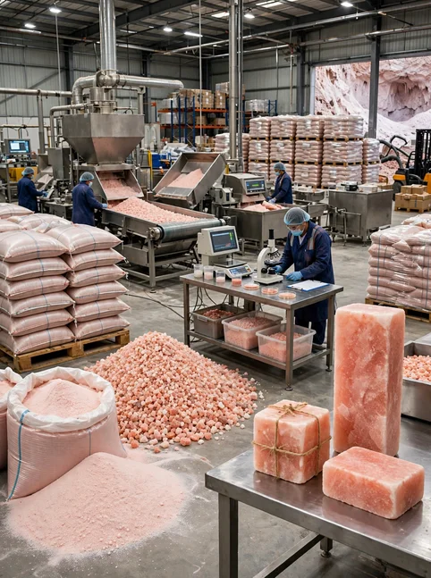 Wholesale pink salt fine and coarse manufacturing facility - bulk Himalayan salt blocks, quality control, extraction, grading, large-scale production for B2B supply